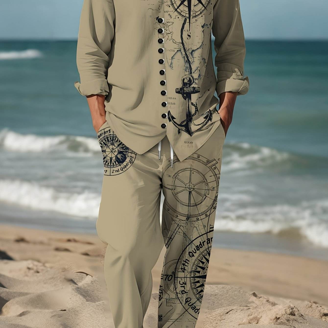 Men's Vintage Nautical Compass Casual Suit - Beige Polyester for All Seasons - Buy Center US