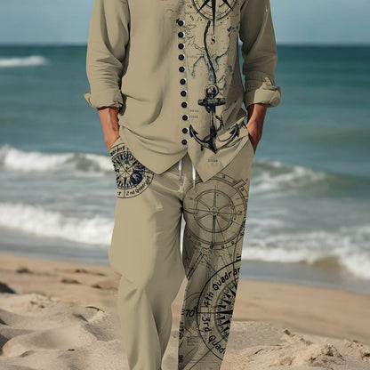 Men's Vintage Nautical Compass Casual Suit - Beige Polyester for All Seasons - Buy Center US