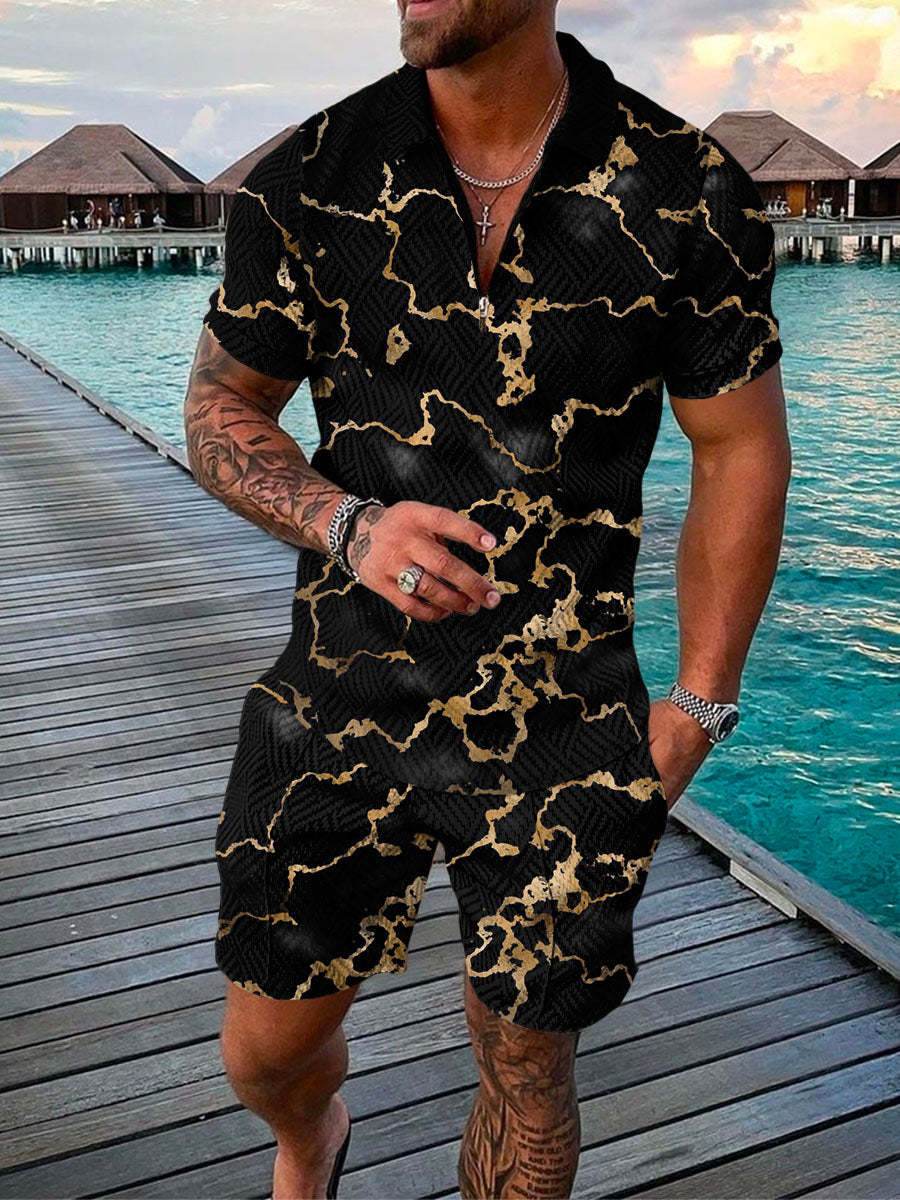 Men's Summer 3D Printed Geometric Zip Lapel Shirt Set - Hip Hop Style - Buy Center US