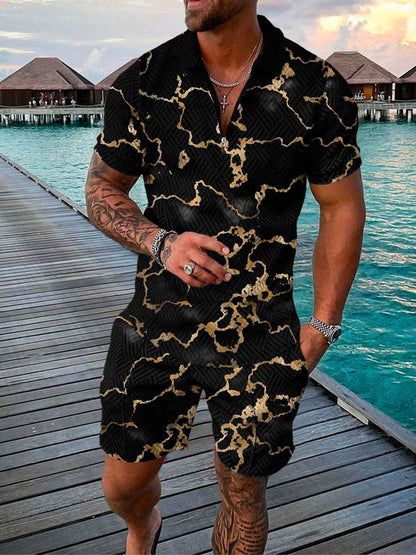 Men's Summer 3D Printed Geometric Zip Lapel Shirt Set - Hip Hop Style - Buy Center US