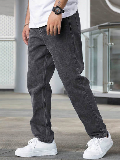 Men's Loose Fit Straight Leg Jeans - Washed Black Cotton Blend, Casual Style - Buy Center US
