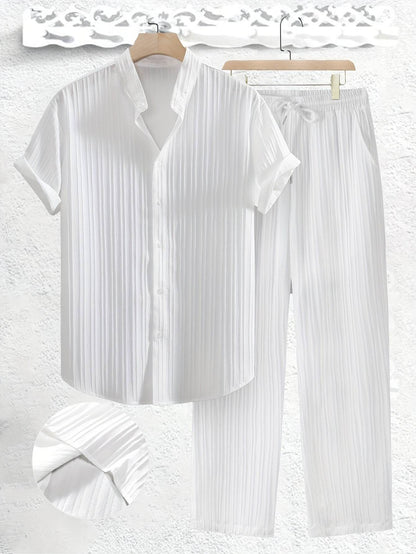 Men's Casual Summer Co-ord Set - Short Sleeve Shirt & Pants, Solid Color - Buy Center US