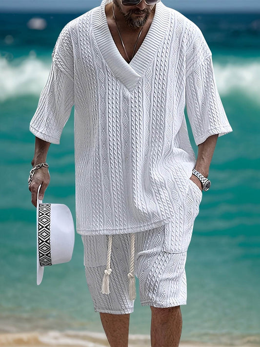 2024 Men's Summer Jacquard Leisure Suit - Short Sleeve V-Neck Two-Piece - Buy Center US