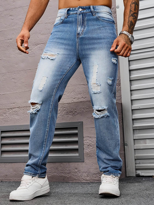 Men's Distressed Light Blue Denim Jeans - Casual Straight Leg for Summer - Buy Center US