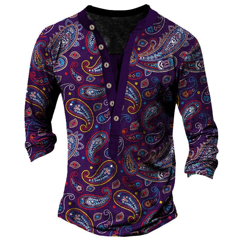 Printed Retro Fashion Casual Henry Neck T-shirt - Long Sleeves, Comfortable Fit - Buy Center US