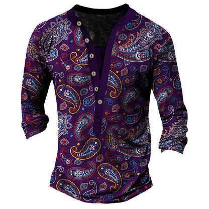 Printed Retro Fashion Casual Henry Neck T-shirt - Long Sleeves, Comfortable Fit - Buy Center US