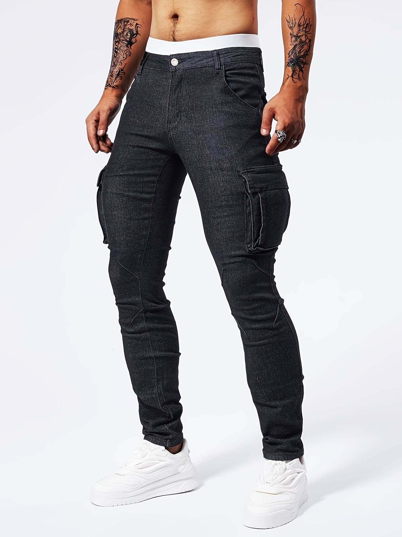Men's Slim-Fit Denim Cargo Pants - Stretch, Multi-Pocket, Trendy Style - Buy Center US