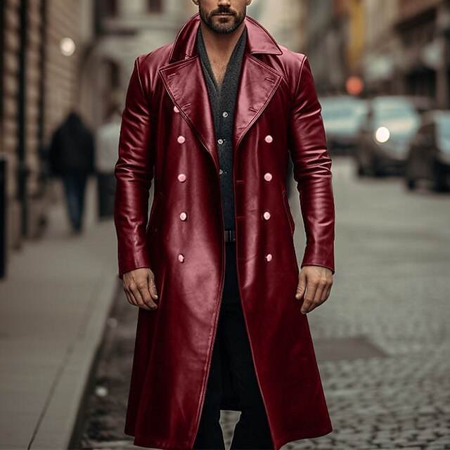 Buycenter Men's Double-Breasted Long Trench Coat - Leather Style & Sizes - Buy Center US
