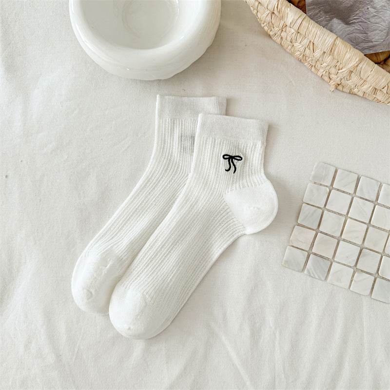 Bow Embroidered Short Socks - Cotton, Stylish for All Seasons - Buy Center US
