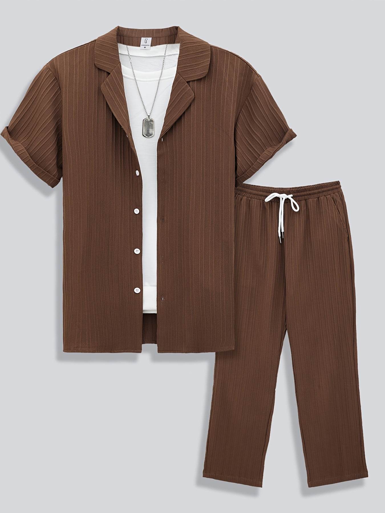 Men's Casual Plaid Suit Set - Short Sleeve Lapel Shirt & Pants - Buy Center US