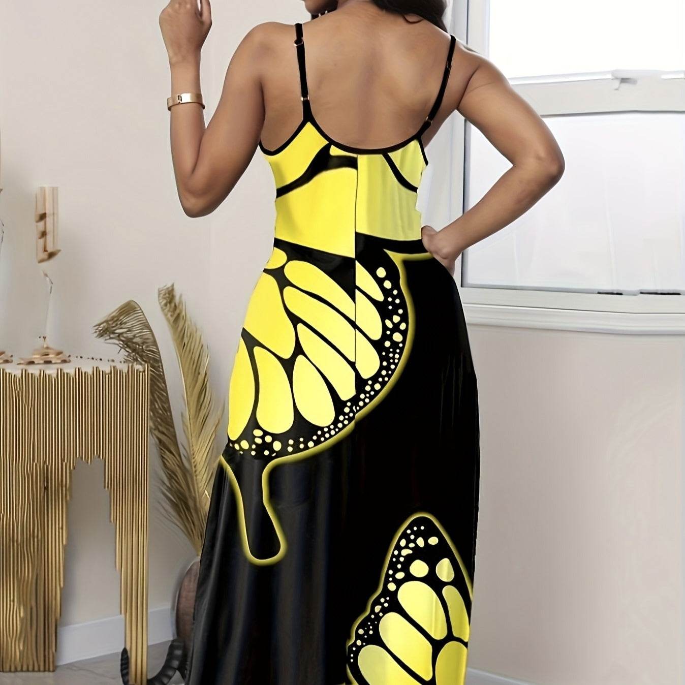 Ladies' V-Neck Butterfly Print Long Skirt Dress - Casual Summer Wear - Buy Center US