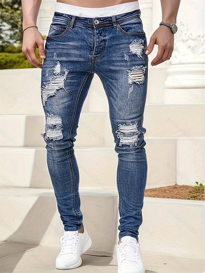 Men's Slim Fit Ripped Jeans - Distressed Medium Stretch Street Style - Buy Center US