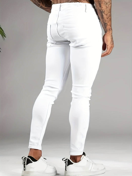 Trendy Men's Slim Fit White Jeans - Ripped Distressed Casual Denim - Buy Center US
