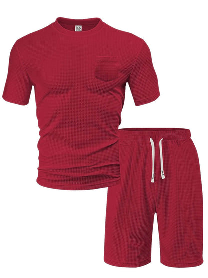Casual Men's Sports Outfit - Waffle Henley T-Shirt & Stylish Beach Shorts - Buy Center US