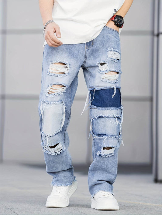 Durable Men's Casual Ripped Jeans - Loose Fit, All-Season Denim Wear - Buy Center US