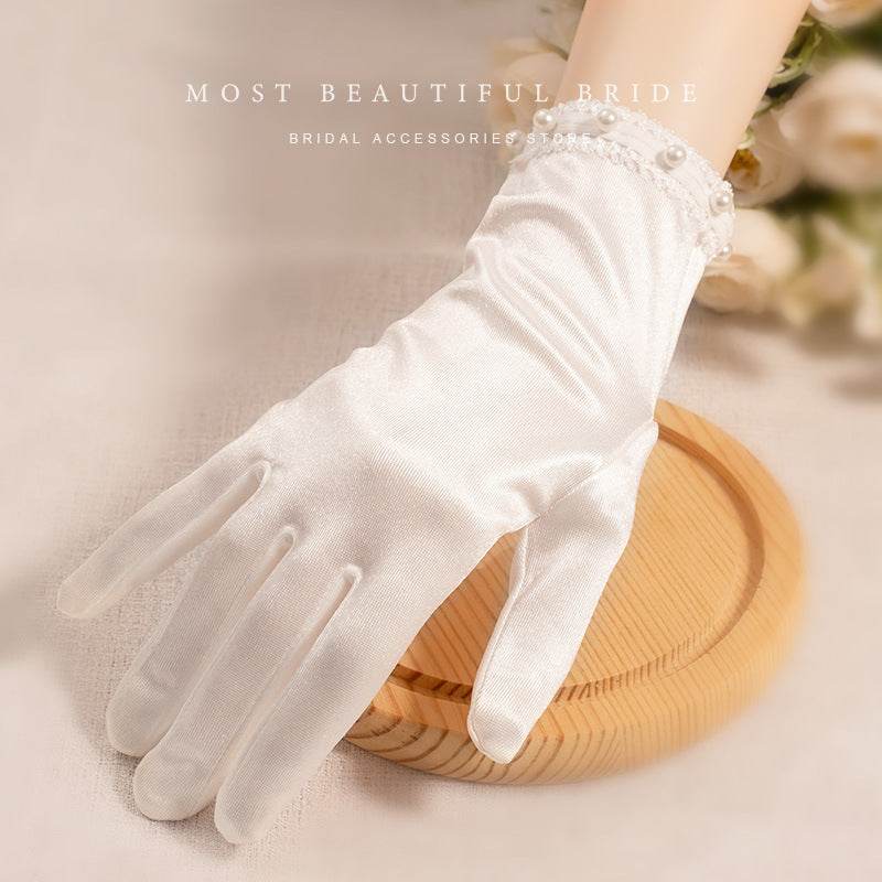 White Satin Short Gloves with Lace & Pearl - Elegant Fashion Accessory - Buy Center US