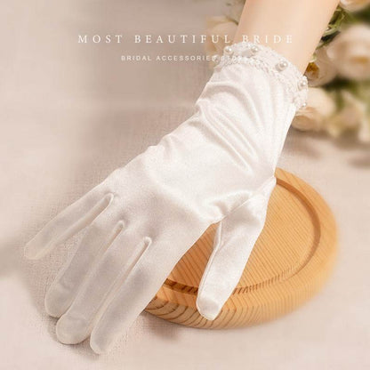 White Satin Short Gloves with Lace & Pearl - Elegant Fashion Accessory - Buy Center US