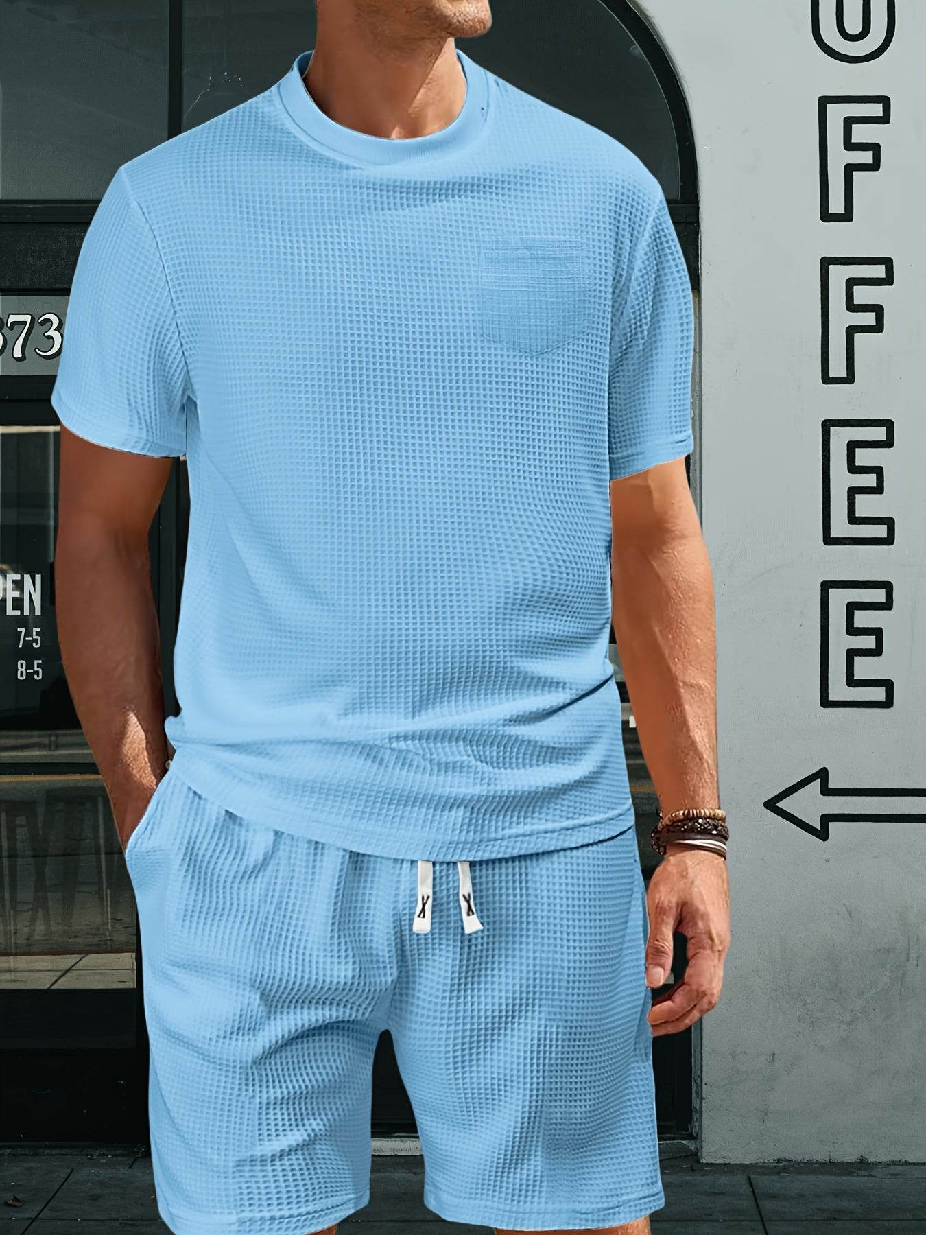 Casual Men's Sports Outfit - Waffle Henley T-Shirt & Stylish Beach Shorts - Buy Center US