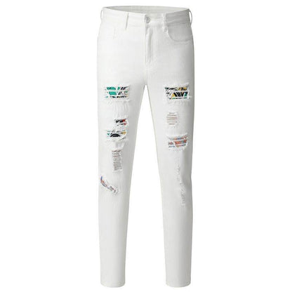 Stylish Mid-Waist Hole Patch Washed Jeans for Teenagers - Korean Style - Buy Center US