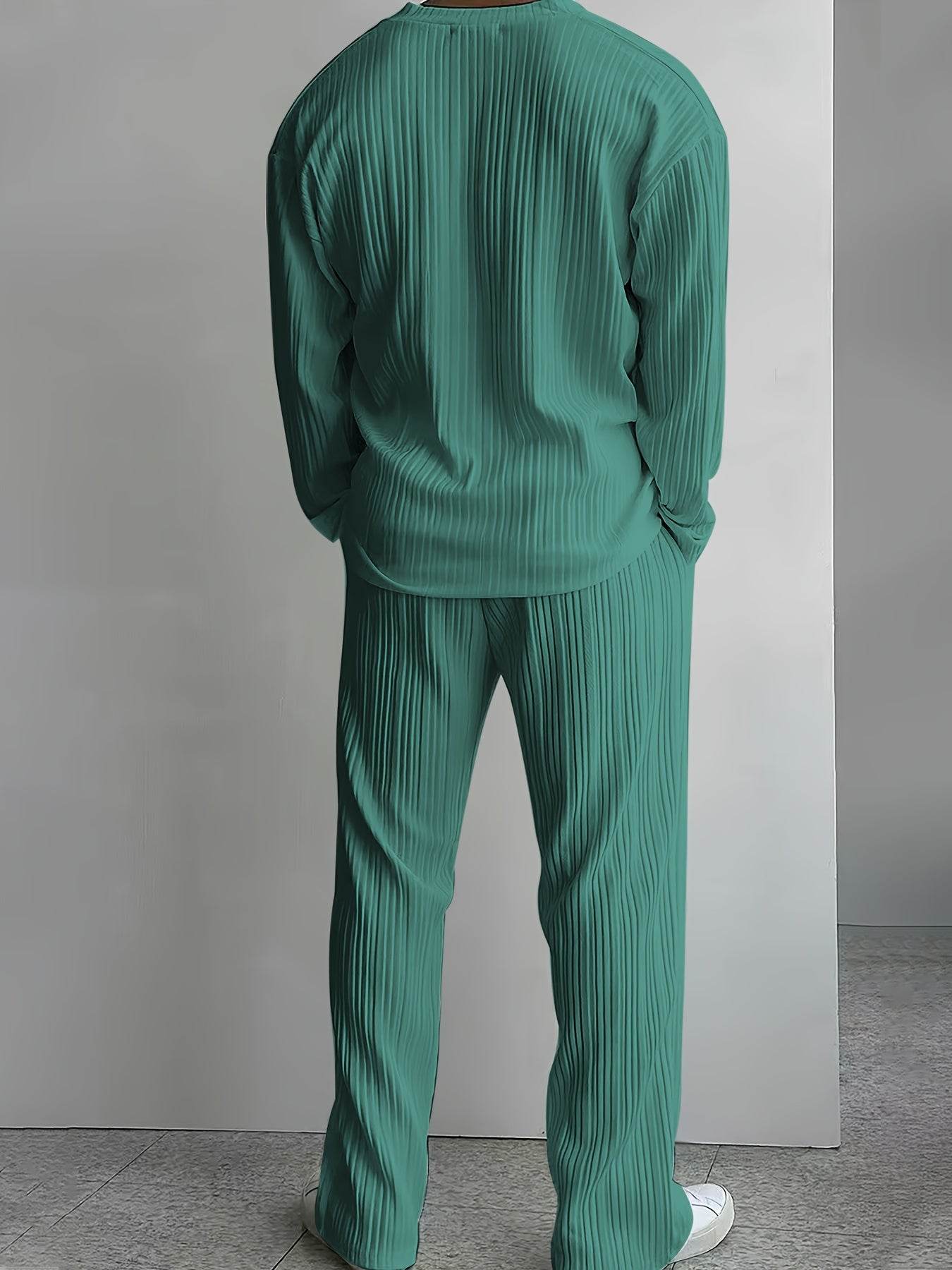 Men's Elegant Striped Button-Up Shirt & Pants Set - V-Neck Beach Attire - Buy Center US