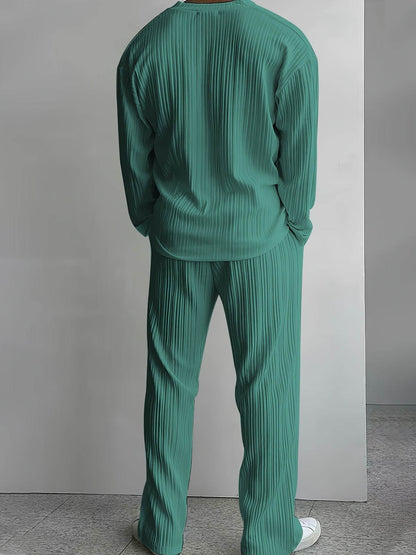 Men's Elegant Striped Button-Up Shirt & Pants Set - V-Neck Beach Attire - Buy Center US
