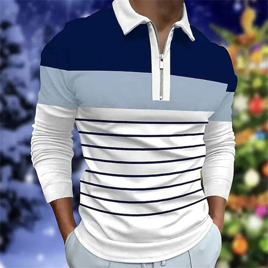 Men's Long Sleeve Color Matching Polo Shirt with Zipper - Casual Fashion - Buy Center US