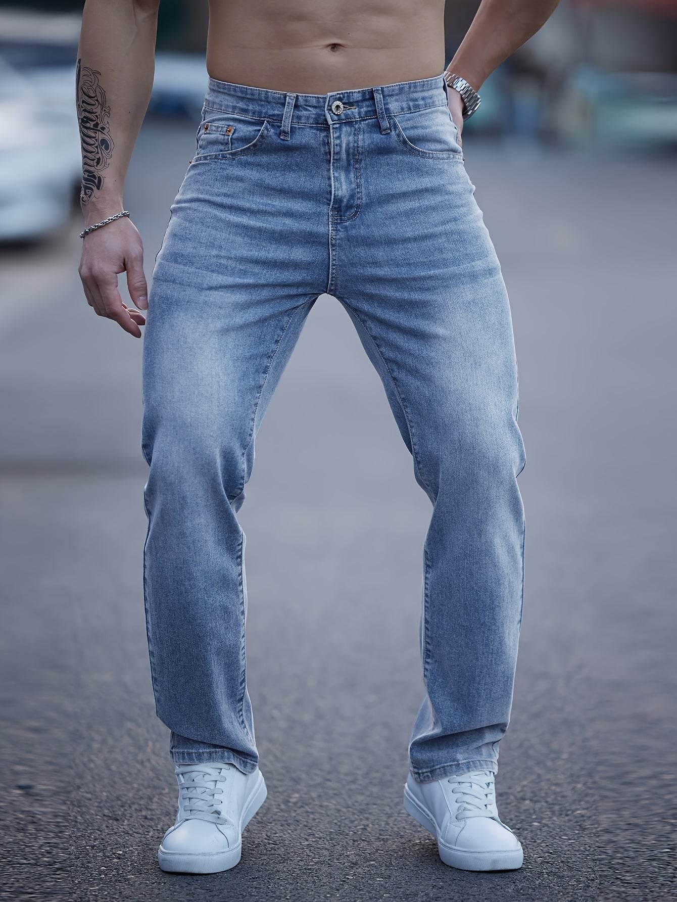 Men's Light Blue Washed Jeans - Embroidered, Relaxed Fit for Casual Style - Buy Center US