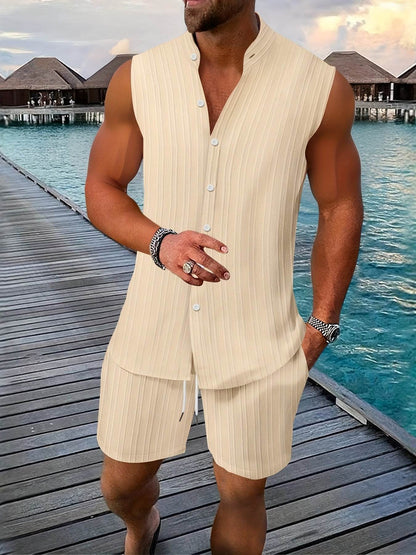 Summer Men's Casual Henley Neck Tank Top & Shorts Beach Set - Buy Center US