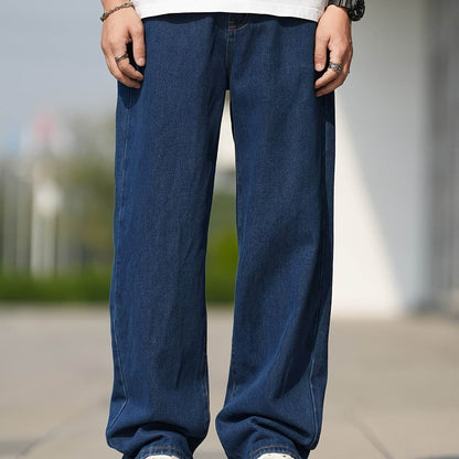 Men's Loose Fit Straight Leg Jeans - Washed Blue, All-Season Comfort - Buy Center US