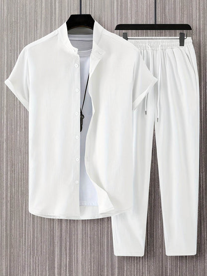 Stylish Men’s Solid Color Casual Shirt & Trouser Set - Perfect for Outings - Buy Center US