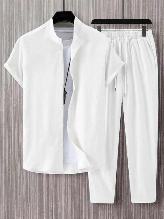 Stylish Men’s Solid Color Casual Shirt & Trouser Set - Perfect for Outings - Buy Center US
