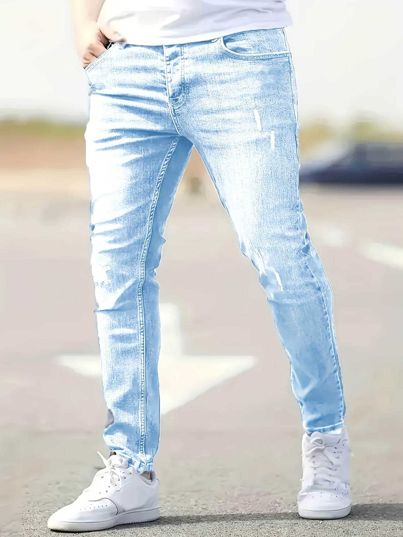 Men's Slim Fit Distressed Ripped Jeans - Light Blue Denim for Casual Style - Buy Center US