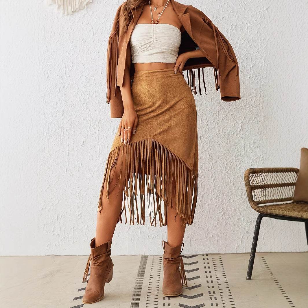 Women's Western Style Fringe A-Line Skirt - High Waisted, Casual Chic - Buy Center US