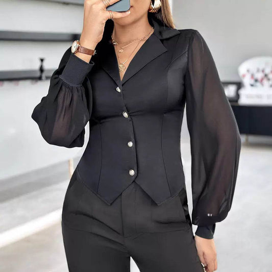 European & American Style Button Shirt Top - Fashion Mesh Patchwork - Buy Center US