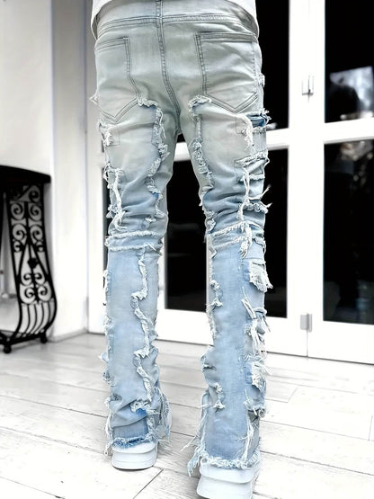 Y2K Hip Hop Style Men's Raw Trim Jeans - Slim Fit Stretch Denim - Buy Center US