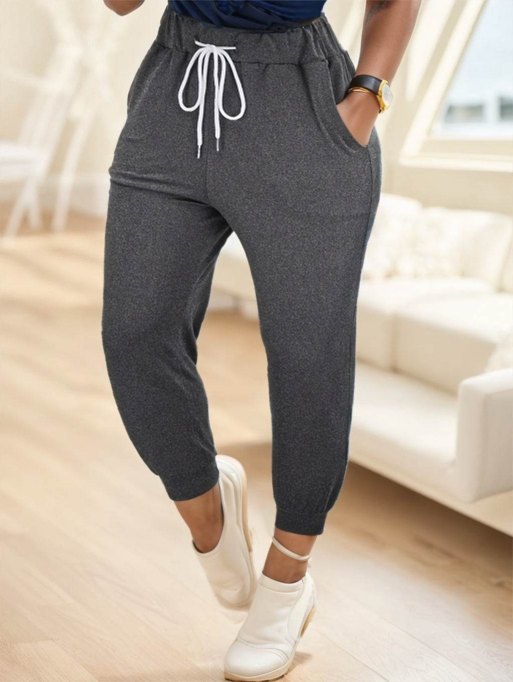 Elegant Solid Drawstring Waist Jogger Pants - Full-Length Patchwork Style - Buy Center US