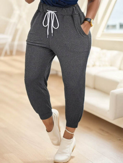 Elegant Solid Drawstring Waist Jogger Pants - Full-Length Patchwork Style - Buy Center US