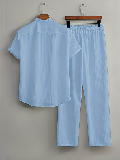 Men's Casual Striped Short Sleeve Shirt & Drawstring Pants Set - Summer Style - Buy Center US