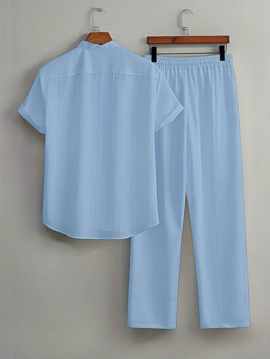 Men's Casual Striped Short Sleeve Shirt & Drawstring Pants Set - Summer Style - Buy Center US
