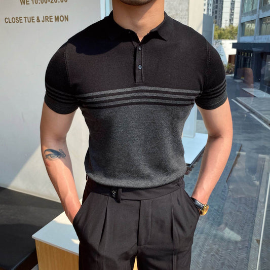 Casual Striped Short Sleeve Polo Shirt - Khaki, Black, or Dark Blue - Buy Center US