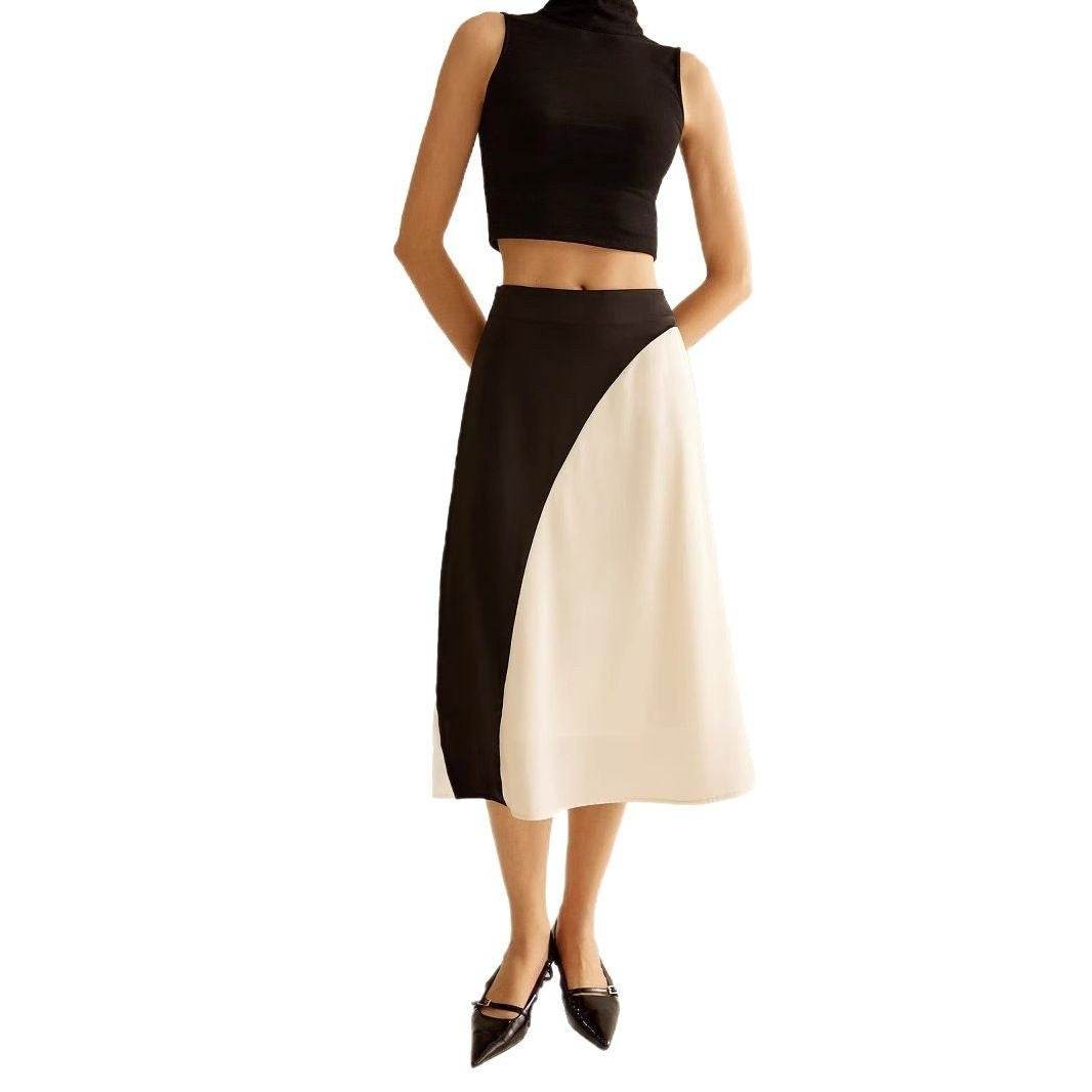 Color Contrast Patchwork Women's Skirt - Fresh Satin Asymmetric Design - Buy Center US