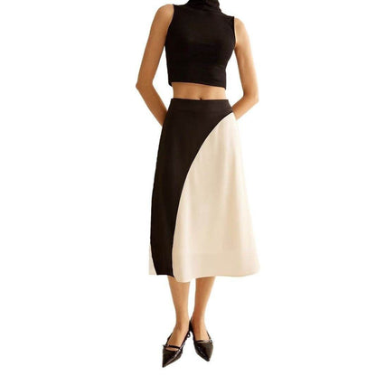 Color Contrast Patchwork Women's Skirt - Fresh Satin Asymmetric Design - Buy Center US