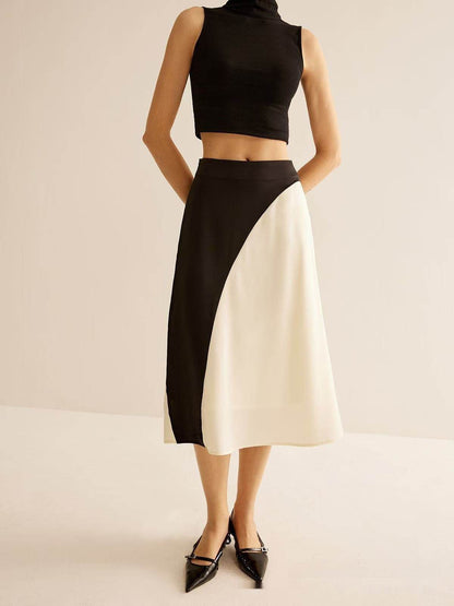 Color Contrast Patchwork Women's Skirt - Fresh Satin Asymmetric Design - Buy Center US
