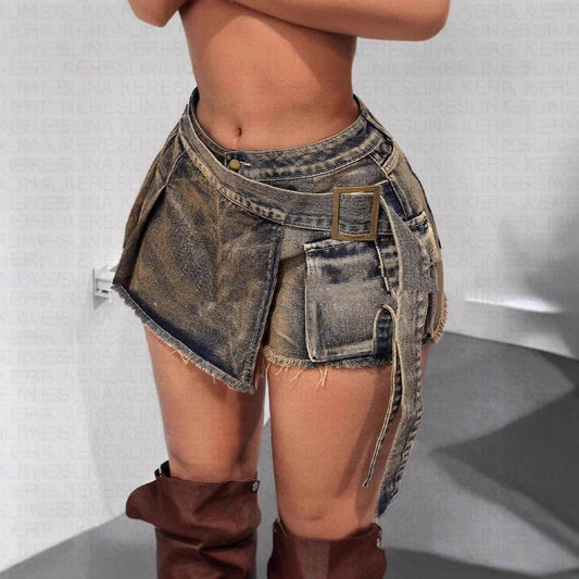 Women's Low Waist Irregular Denim Skirt - Asymmetric Sea Blue Style - Buy Center US