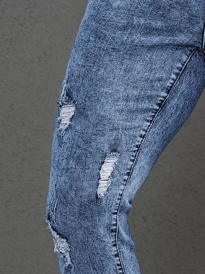Men's Skinny-Fit Distressed Denim Jeans - Light Blue Ripped Casual Pants - Buy Center US