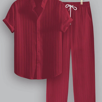 Men's Summer Casual Outfit Set - Striped Short Sleeve Shirt & Drawstring Pants - Buy Center US
