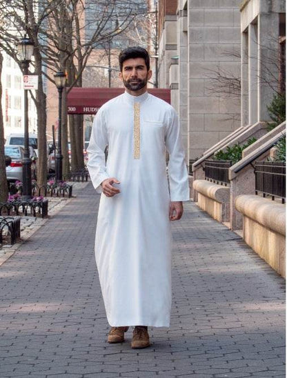Buycenter Men's Long Sleeve Casual Ethnic Robe - Embroidered Plaid Design - Buy Center US