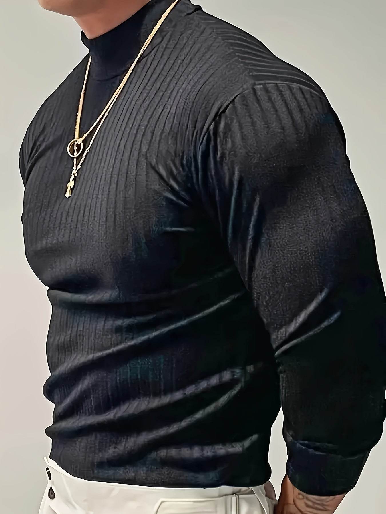 Solid Stripe Knit Turtle Neck T-shirt - Comfy Long Sleeve for Men's Fitness - Buy Center US