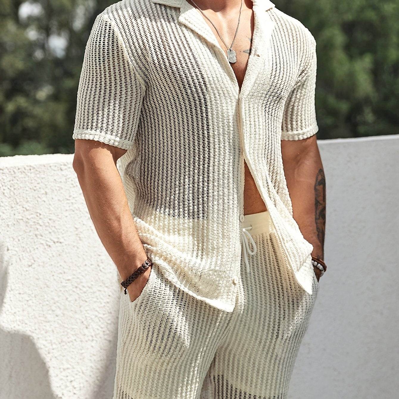 Men's Casual Hollow Short-Sleeved Set - Summer Shirt & Drawstring Shorts - Buy Center US