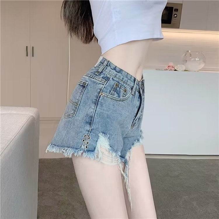 Vintage Denim Shorts - Micro Elastic High Waist with Frayed Design - Buy Center US